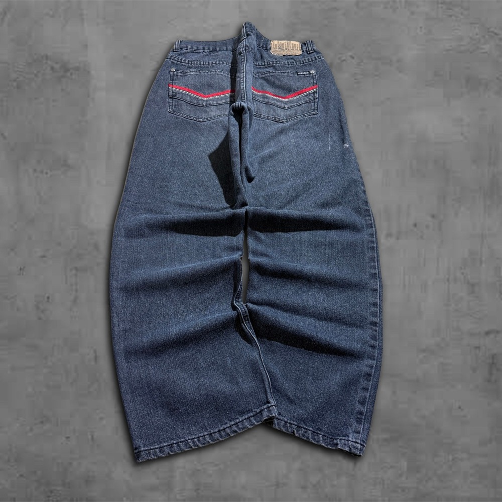 REMIXED Vintage Baggy Men's Blue Jeans with Red Accents Y2k Style